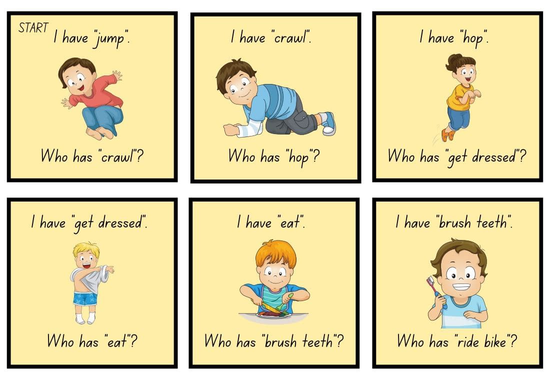 Vocabulary Builder Flash cards – 48 “I have and Who Has” Action verbs flash cards