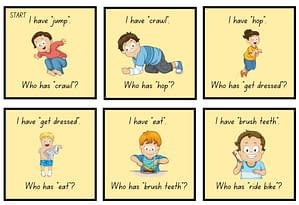 Vocabulary Builder Flash cards – 48 “I have and Who Has” Action verbs flash cards